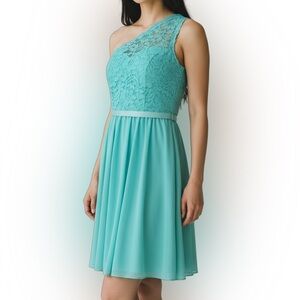 NWT David’s Bridal Turquoise One Shoulder Lace Bridesmaid Formal Dress - Size 12